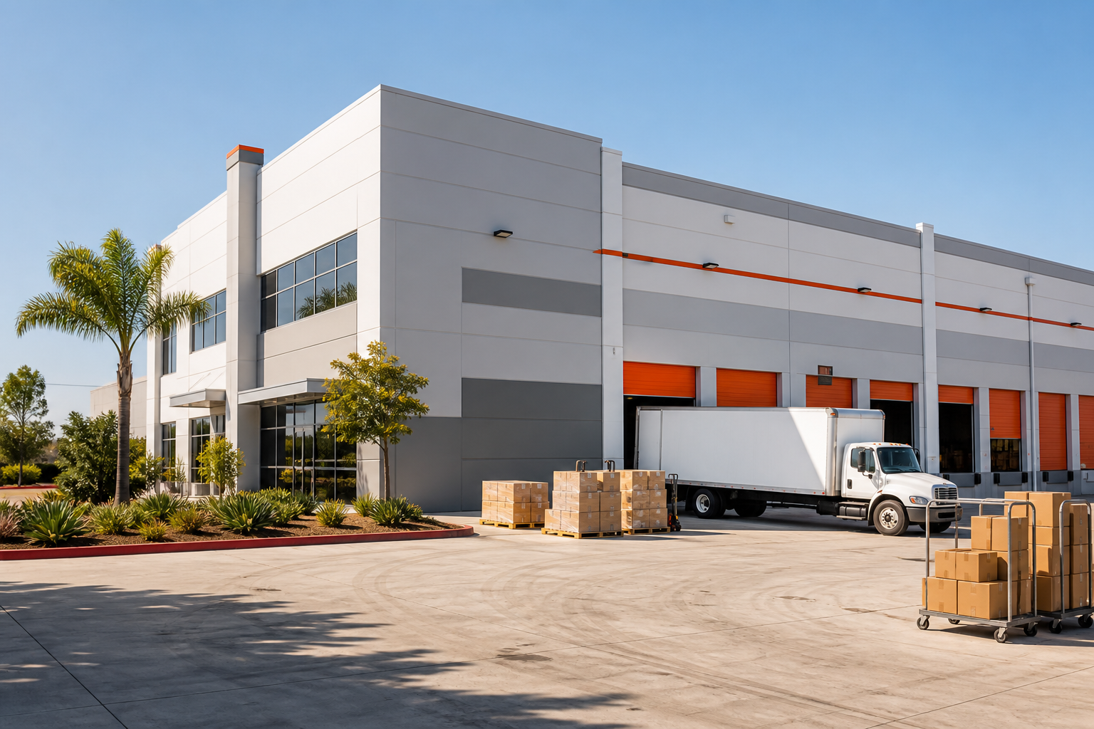 Modern Southern California fulfillment warehouse with orange loading bays and an outbound delivery truck